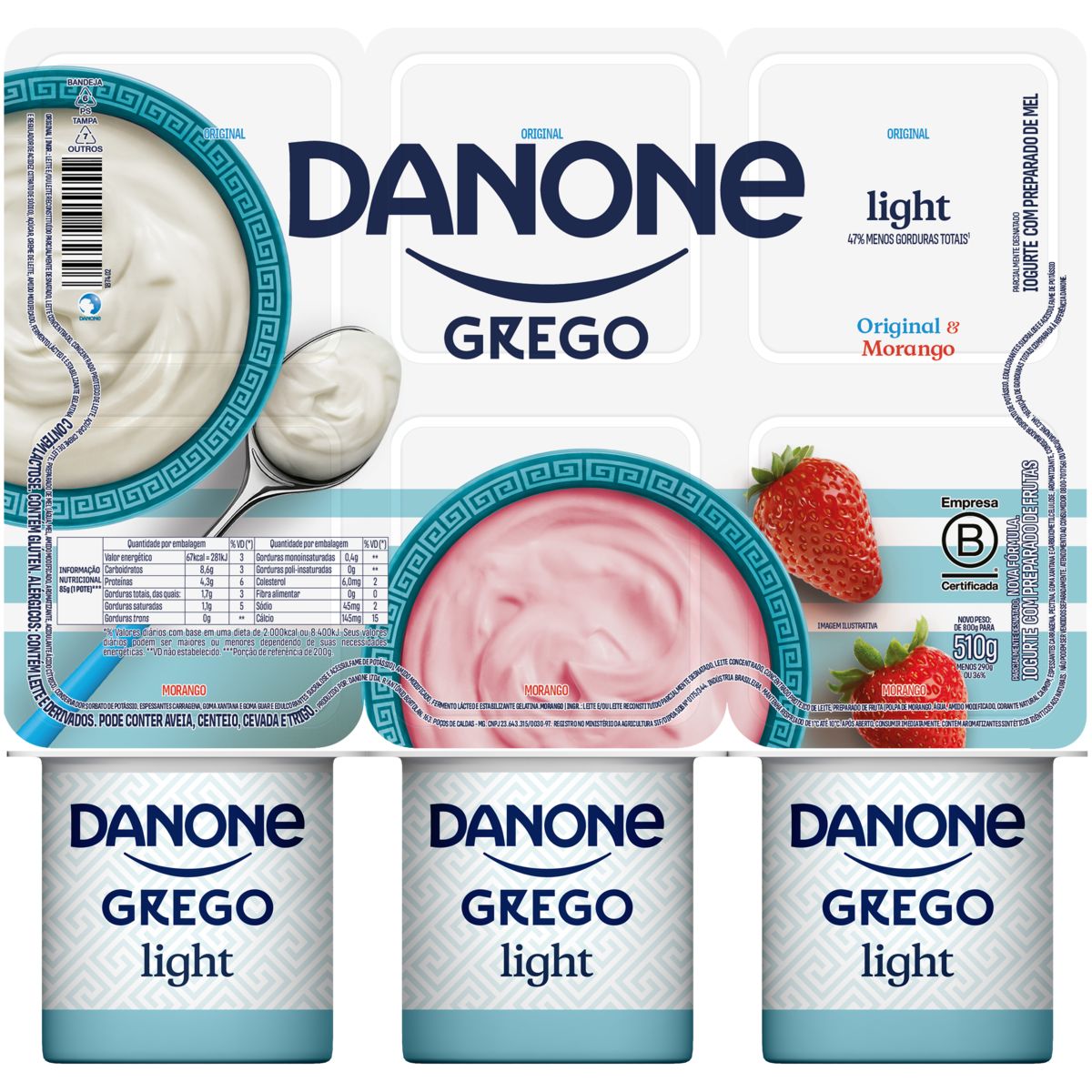 Iogurte Grego Danone Original + Morango Light Bandeja 510g 6 Unidades