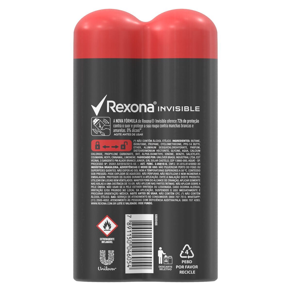 Desodorante Antitranspirante Aerosol Masculino Rexona Invisible 72 horas 2 x 150ML image number 1